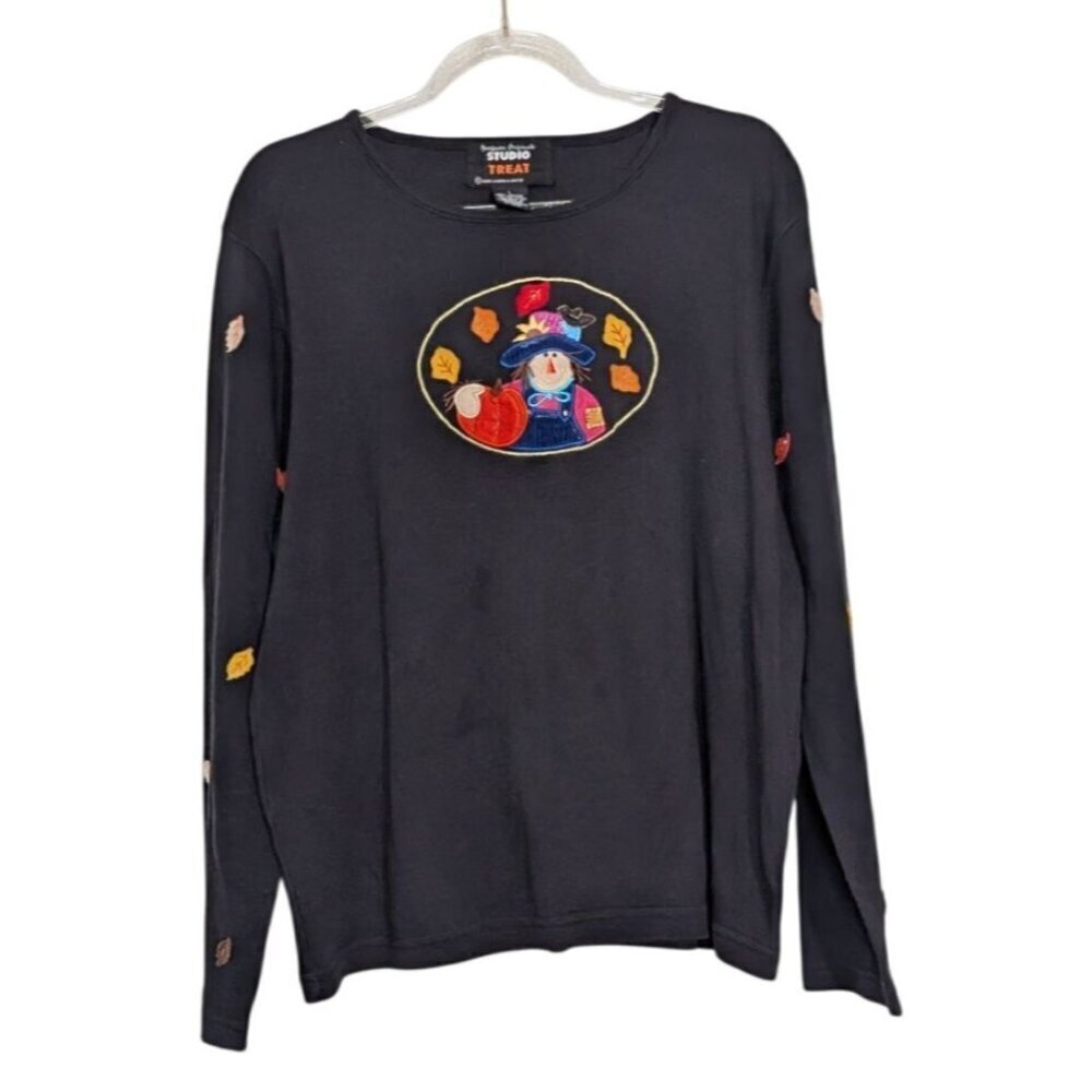 Vintage Fall Scarecrow Embroidered Shirt Womens Size Large Black Long Sleeve